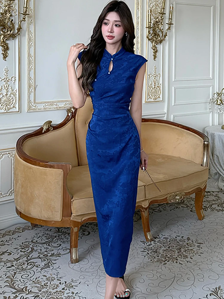 Vestido Midi ajustado plisado de Jacquard azul para mujer, vestido informal elegante para casa, vestido de fiesta de Festival ajustado Vintage coreano 2025