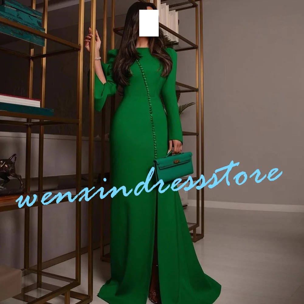 Boat Neck Floor Length Green Jersey Long Sleeves Straight Evening Dress Formal Pleats Saudi Arabia Pure color Sweep Train 2024