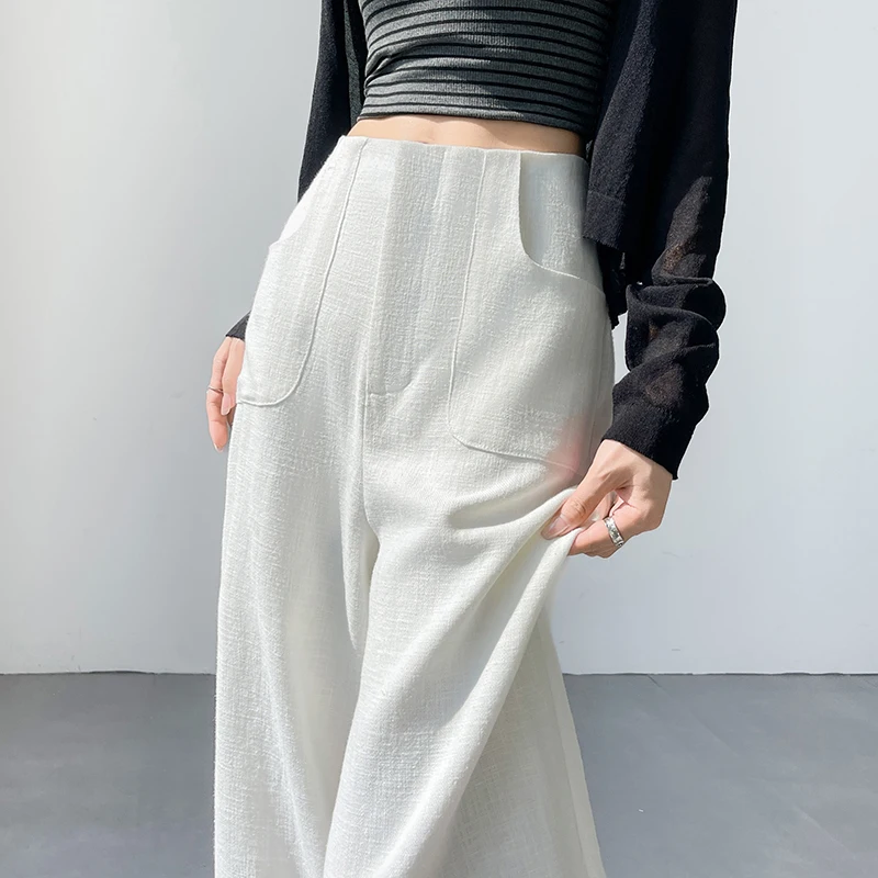 กางเกงขากว้างสําหรับผู้หญิงเอวสูงฤดูร้อนปี 2025 มีความรู้สึกเดรปสไตล์วินเทจทรงตรงลําลองกางเกงยาวพื้น