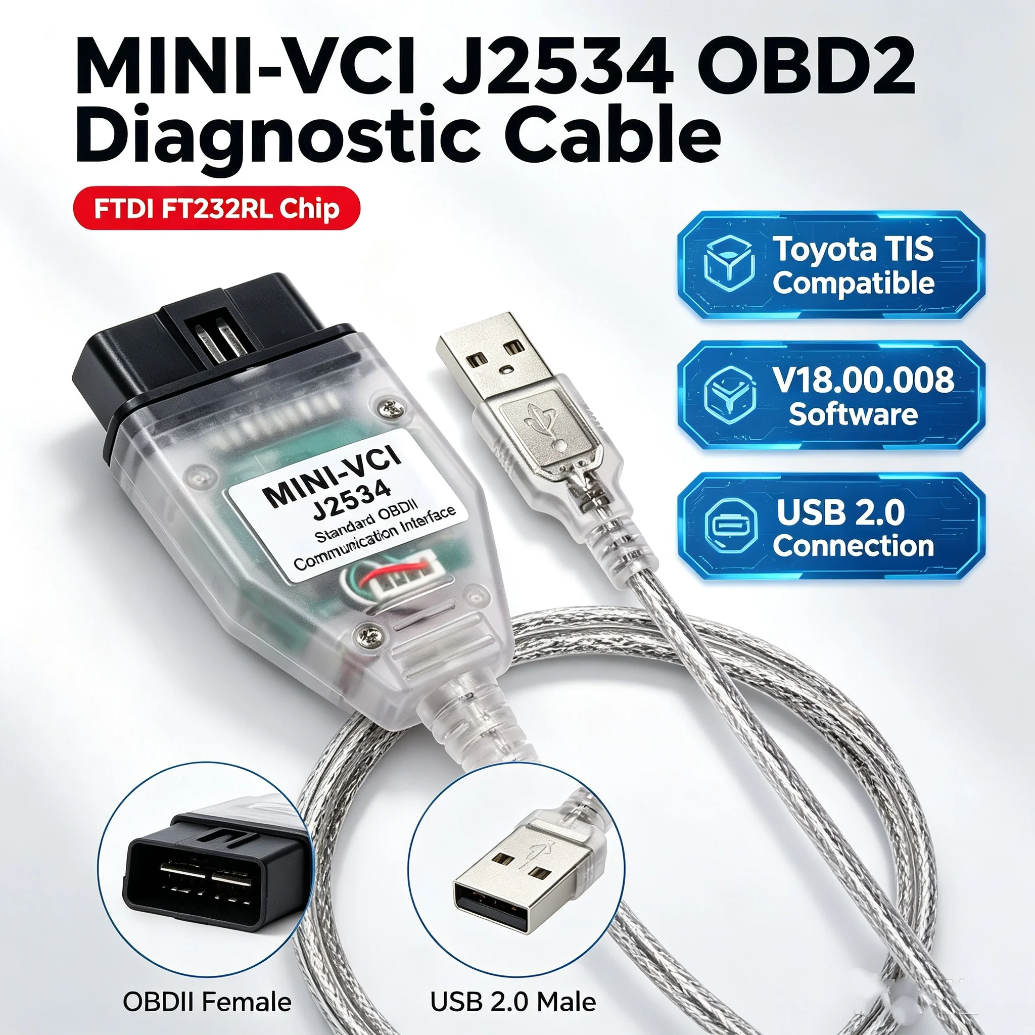 Mini VCI J2534 V18.00.008 For Toyota TIS Techstream OBD2 Diagnostic Cable FTDI FT232RL Chip Auto Scanner