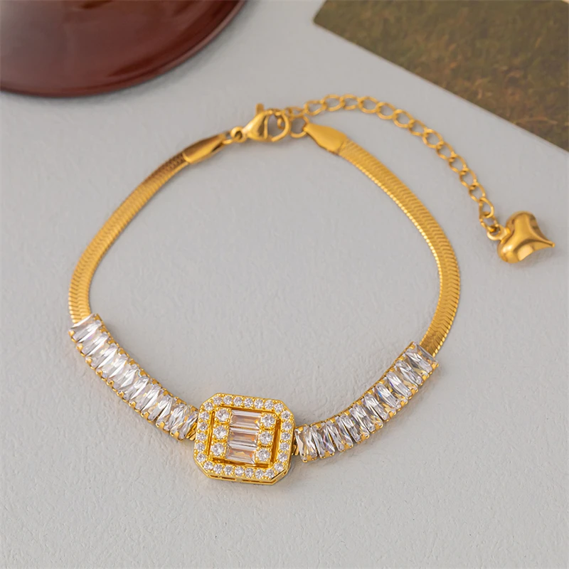 316L Stainless Steel New Fashion Fine Jewelry Dazzling Zircon Crystal Block Charm Chain Choker Necklaces Bracelets For Women