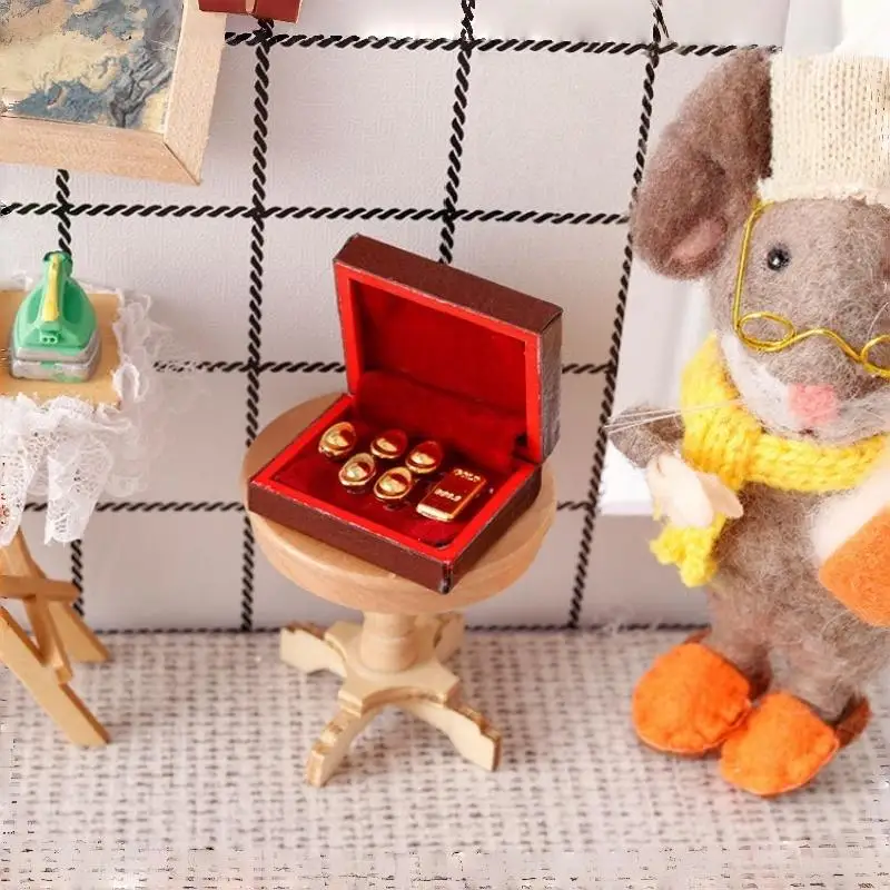 1 Set Vintage Jewelry Case 1:12 Dollhouse Miniature Accessories Mini Wooden Jewelry Box Model Toys For Doll House Decoration