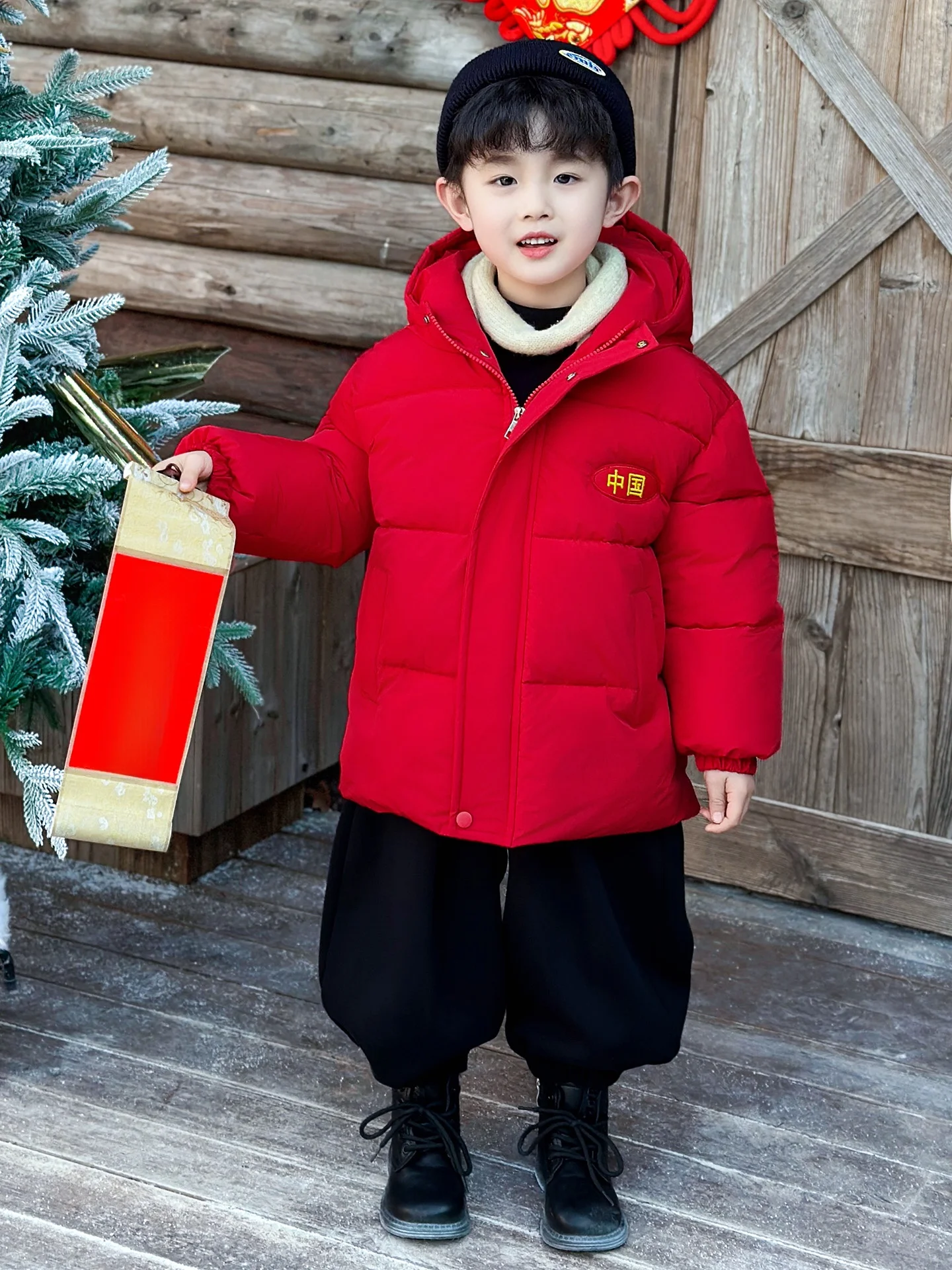 

Thiened Mid-Length Cotton Jaet for Boys New Year Visiting Winter Clothes 2025 Sle Warm Polyester Fiber Hooded Zipper