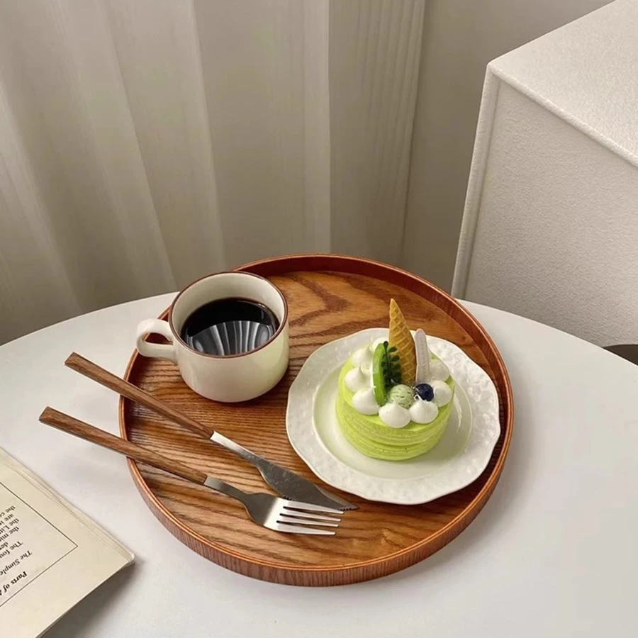 CANBOUN CANBOUNJapanese Wooden Table Tray Simple Round Tray Decorative Trays Snack Plate Sundries Display Organizer Desktop Deco