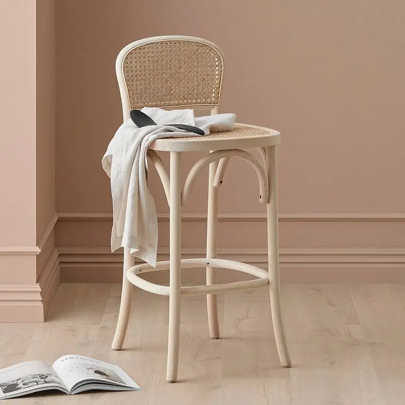 Bar Chair Nordic Solid Wood Rattan Model Room Bar Stool Rattan Artist Home Bar Chair  Chair Dessert Shop Sales Office