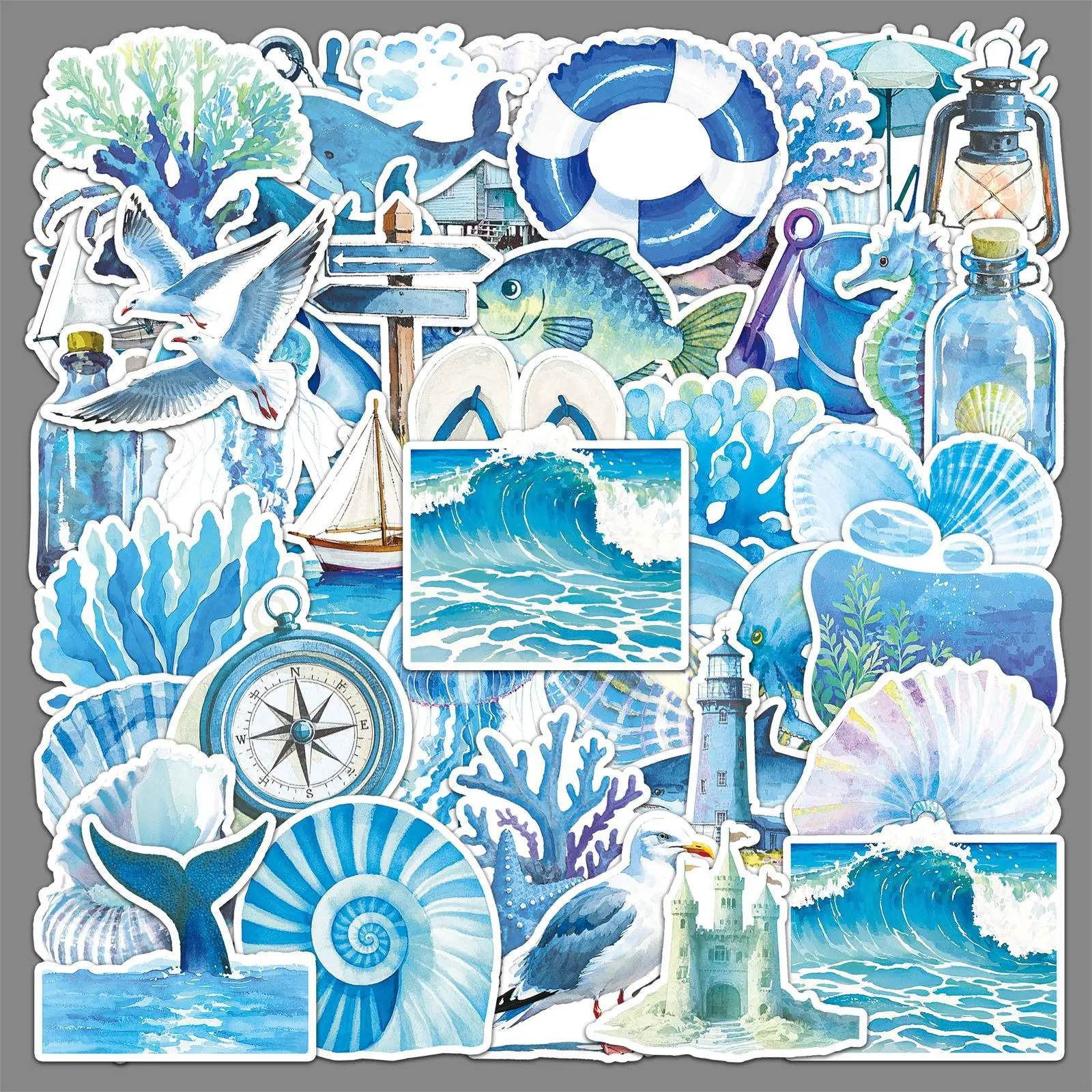 50 pçs azul oceano jogo ins estilo fresco azul oceano dos desenhos animados diy mão-porta papelaria decoração adesivos