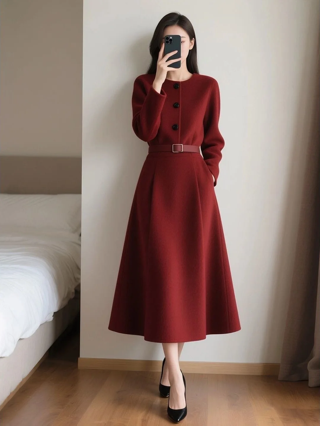 

Ele Red Midi Dr Slimming Waist Retro Sle Korean Faion High Waist Long Sve round Ne Single Piece Winter Dr