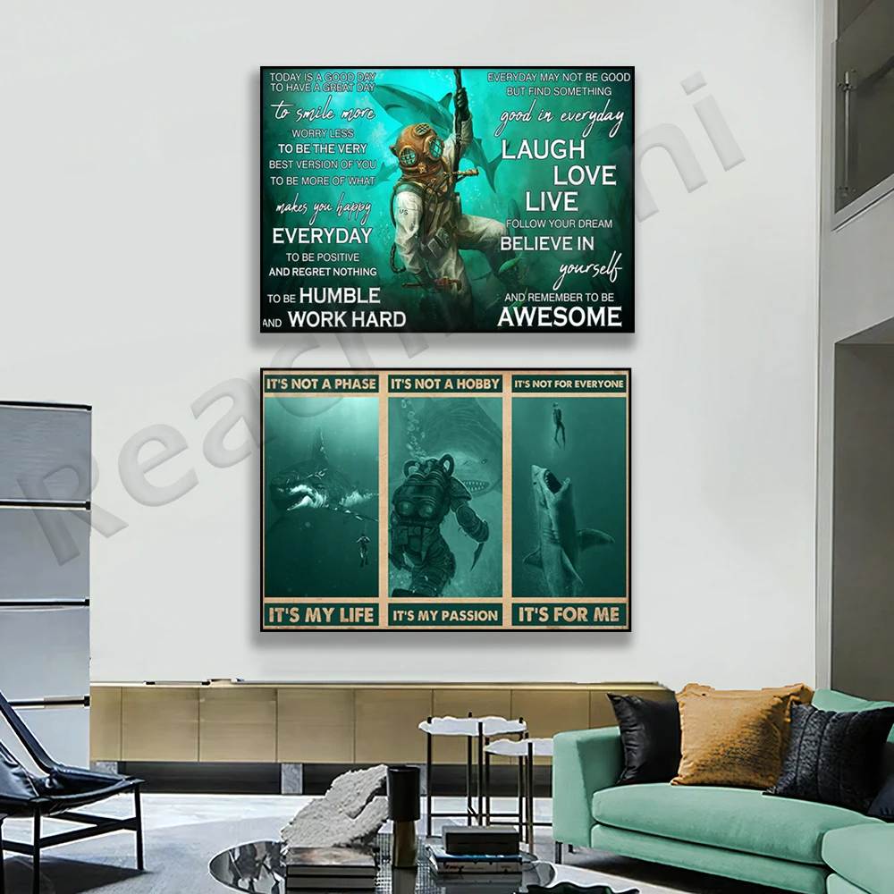 Póster de buceador y tiburón: No es una etapa, es mi vida, póster de hoy es un buen día, póster decorativo para el hogar