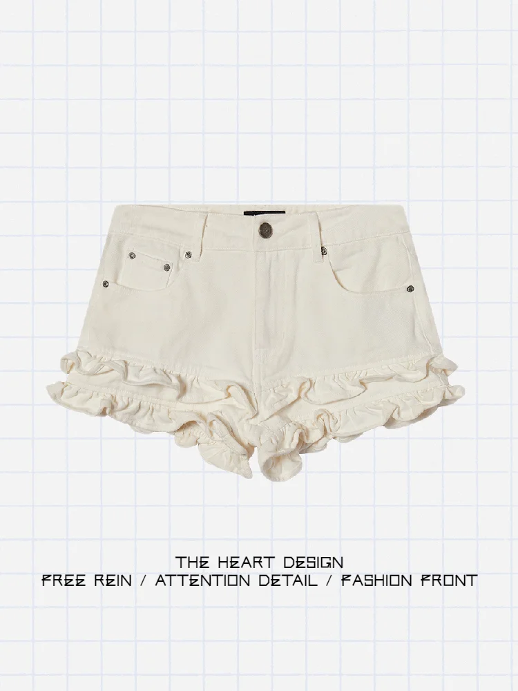 

High Waist A-Line Denim orts Women's Summer Vintage Double Layer Wave Ruffle Design Casual Versatile Hot Pants