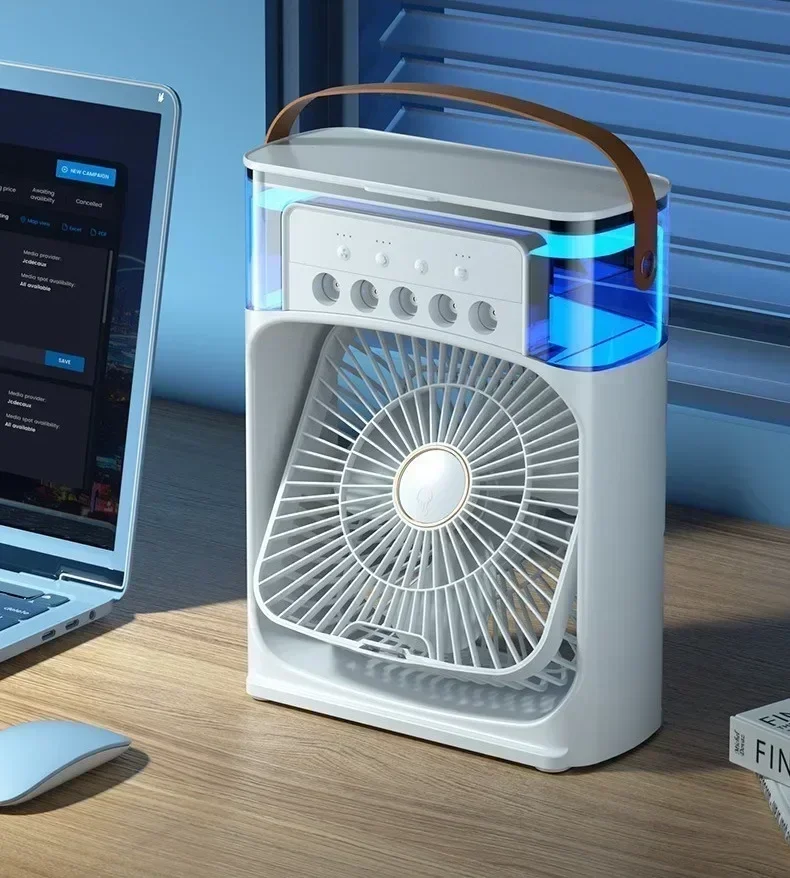 E9 Spray Cooling Air Conditioning Mini Student Dormitory Summer Charging Mute Small Desktop Fan Table Humidifier Fan with Lights