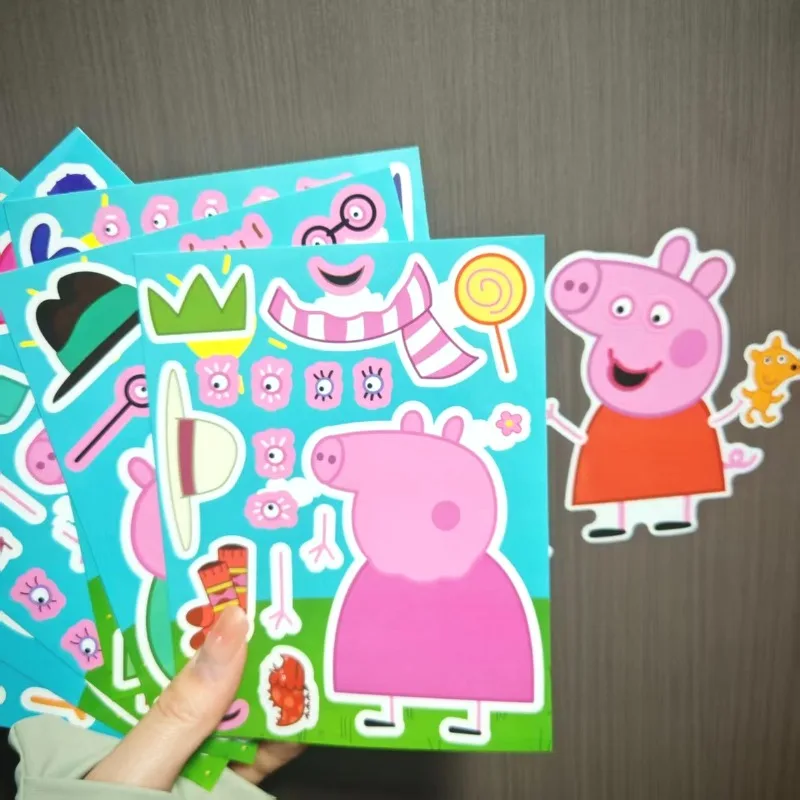 2026 new 16 Peppa Pig family assembly puzzle cartoon stickers, pink and blue parent-child educational toys, diy companion gifts