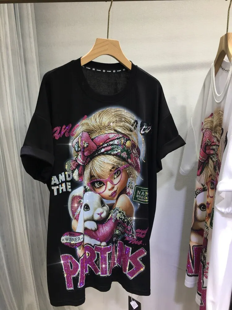 Fashion New Spring Summer Loose Short Sleeve T-shirt Luxury Cute Cartoon Hot Diamonds Oversize Cotton Tees Mid-long Casual Tops