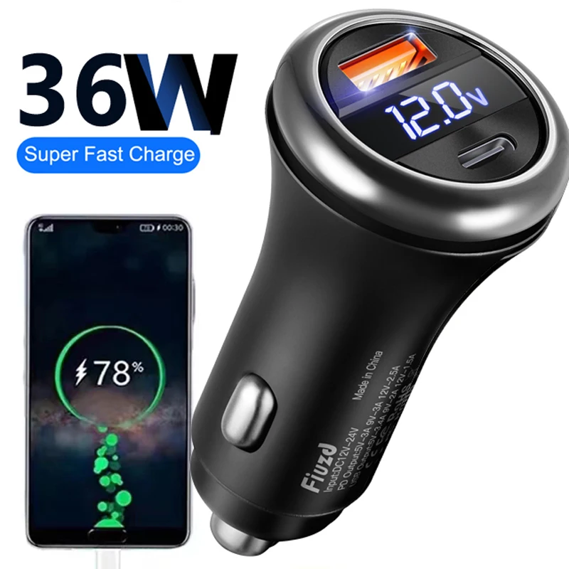 Car Charger Dual USB Ports 36W Super Fast Charging with Digital Display Quick Charging Adapter for IPhone Samsung Xiaomi