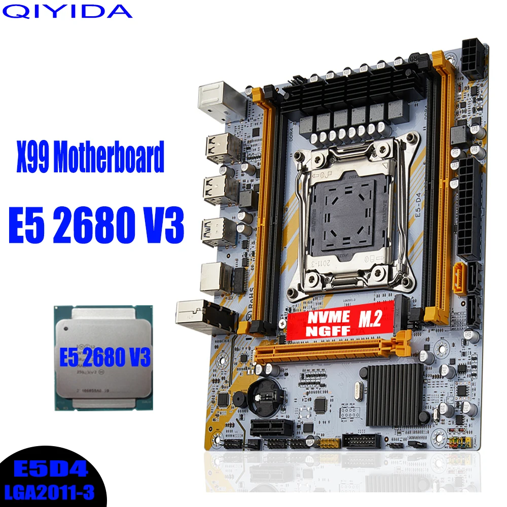 QIYIDA X99 Motherboard set LGA2011 3 kit With Xeon E5 2680 V3 CPU Processor support DDR4 RAM Memory NVME M.2 E5 D4