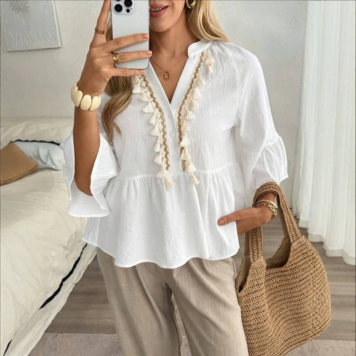 Womens Tops 2026 Summer V-neck Button Tassel Strap Blouse Retro Style Vacation Shirts