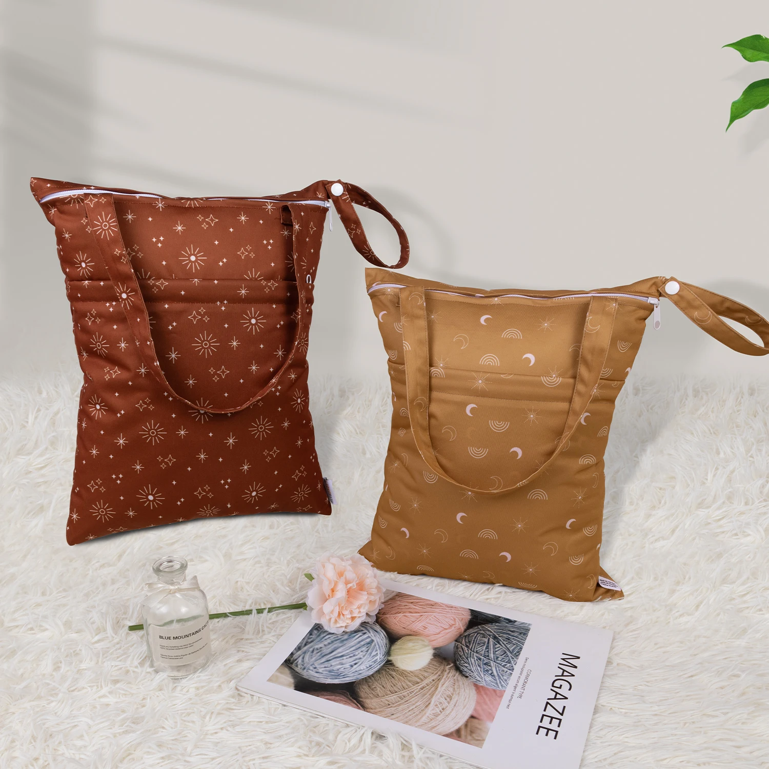 (2pcs per Pack)  ALVABABY Tote Diaper Wet Dry Bags with Handle Double Zippered Pockets Cloth Diaper Wet Bags Tote Bag 30X36CM