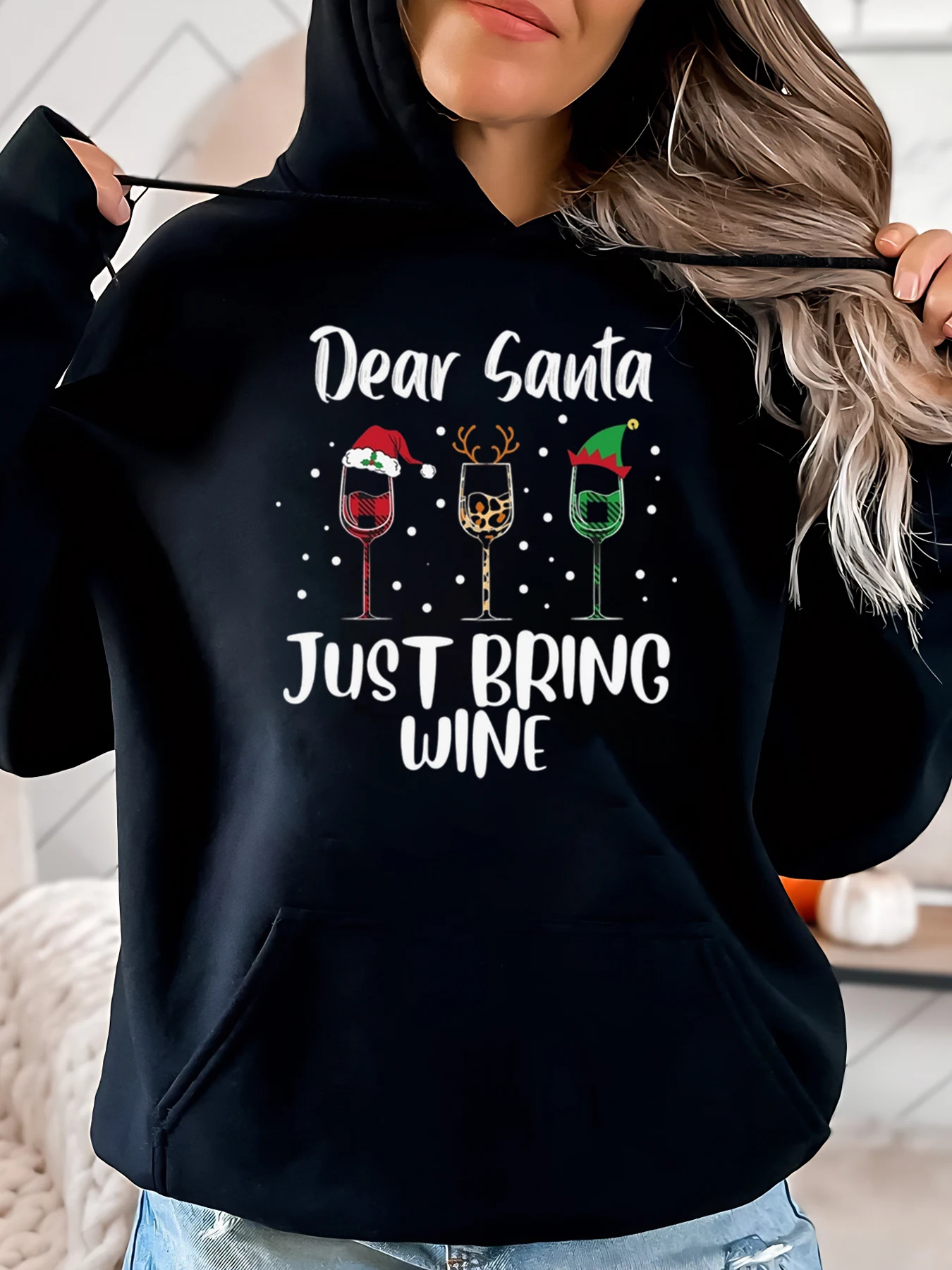 

Дорогой Санта, просто принесите вино, толстовка с рождественским принтом, женская праздничная вечеринка, повседневная одежда, черный, больших размеров