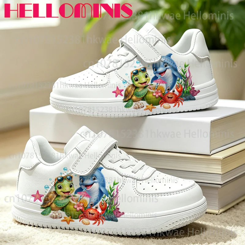Kids White Sneakers With Cute Marine Animal Cartoon Pattern Light Children Casual Footwear For Boys Girls Daily