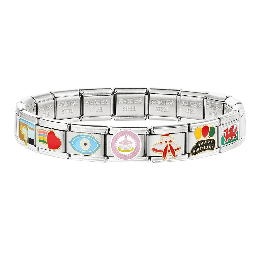Design Charms Red Hat Alarm clock Rainbow  Balloon Demon's eye Stainless Steel Italian Link Fit 9mm Bracelet Making DIY Jewelry