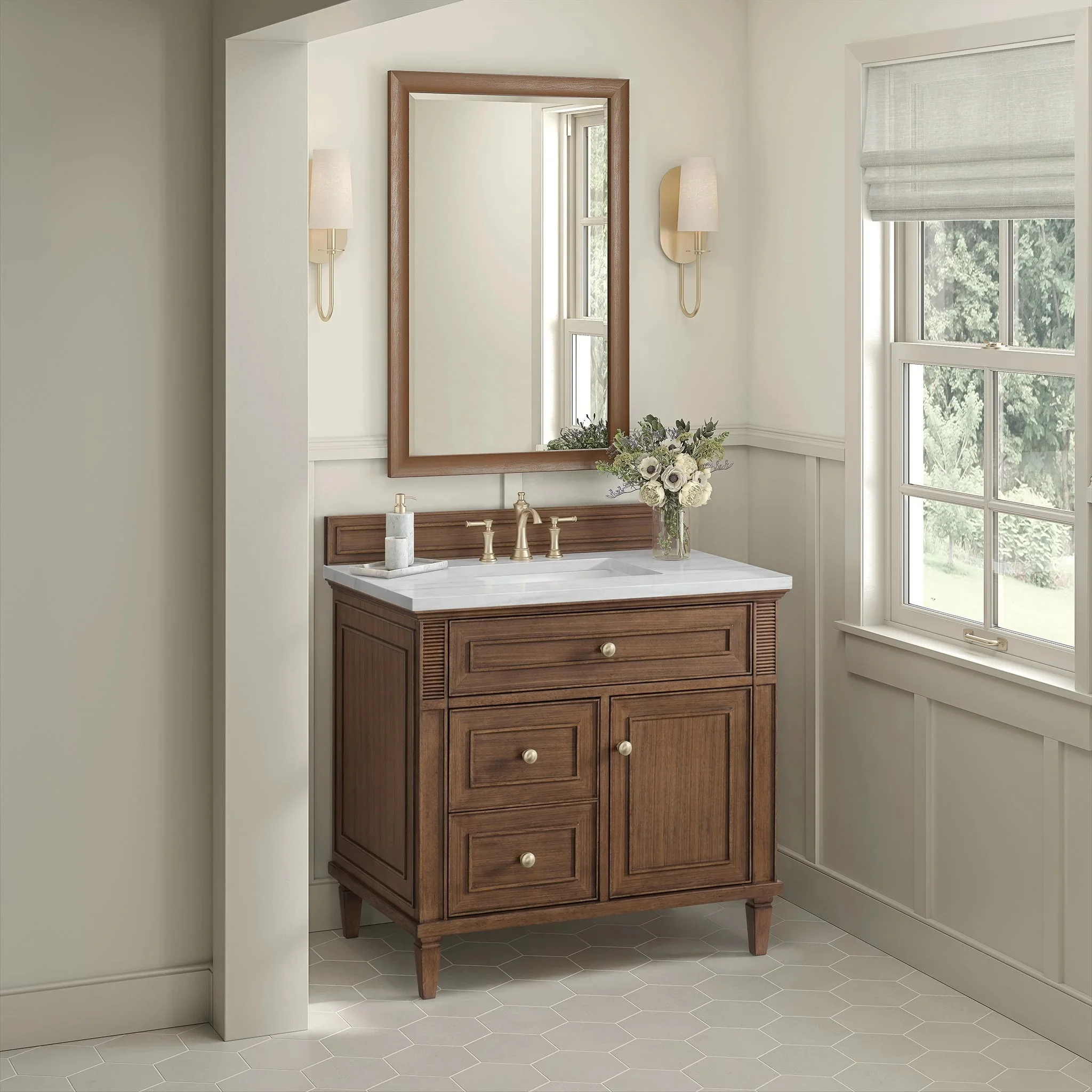 Custom Mid-century Walnut Bathroom Vanity Solid Wood Classical Style Cabinet With Quartz Countertop 36'' Single Ceramic Sink