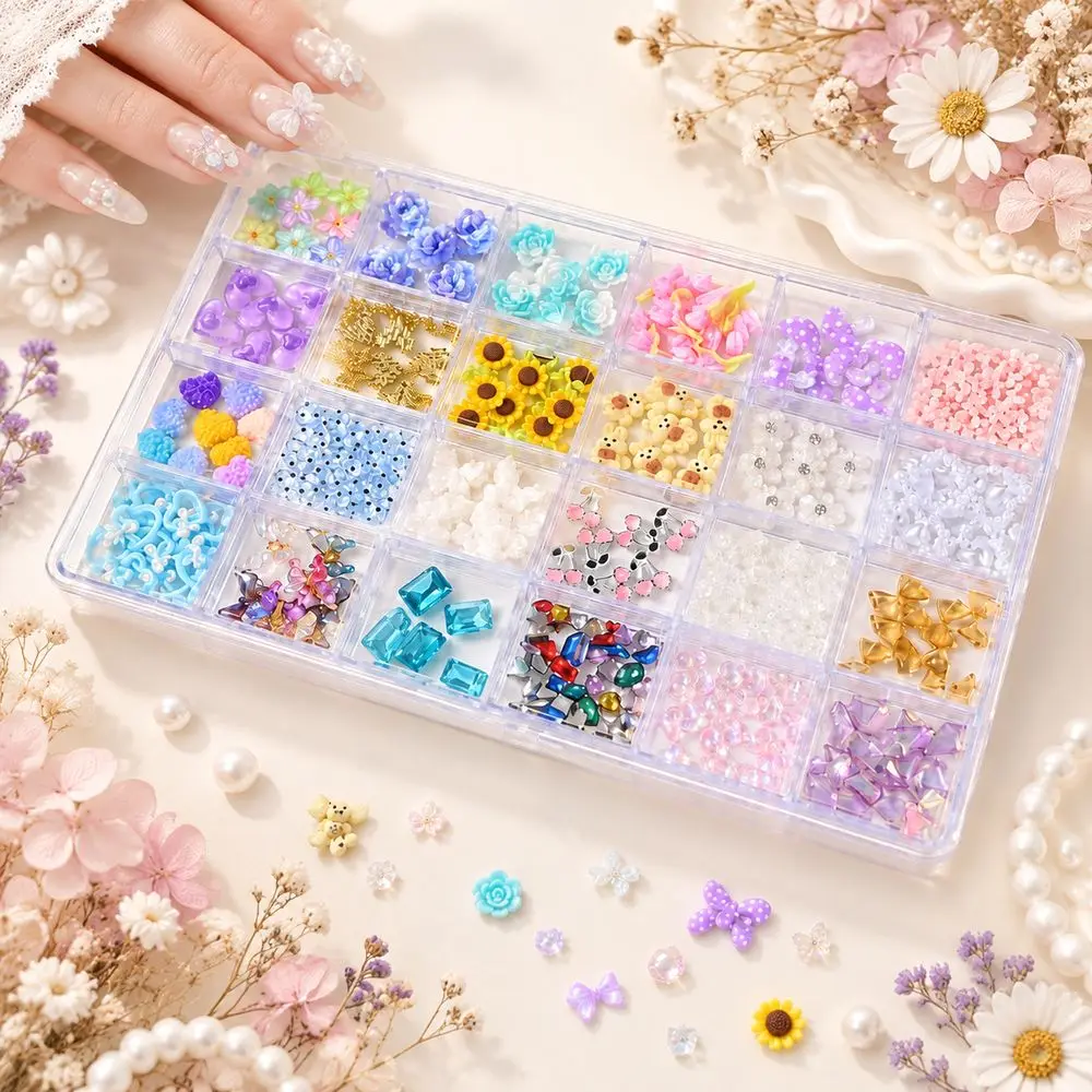 24Grids Kawaii Flower Nail Charms Mixed 3D Resin Rose Bear Bow Heart Pearl Butterfly Rhinestone Gem Nail Decorations DIY Decor