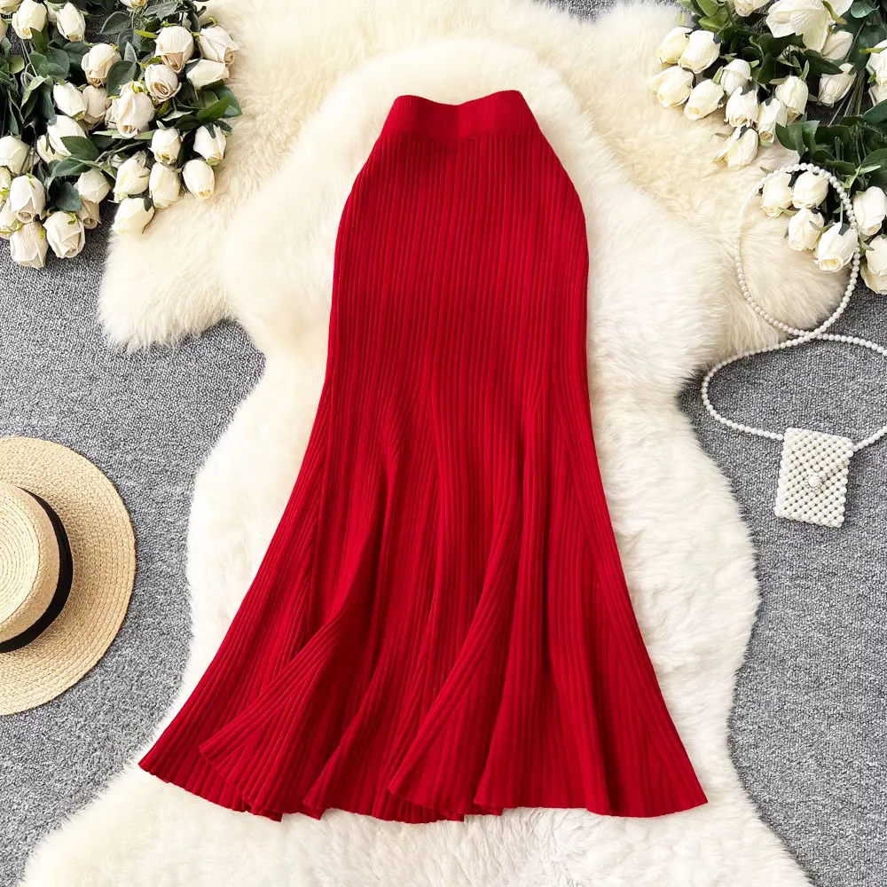 

Модная корейская вязаная юбка-макси с плиссировкой и эффектом «рыбий хвост» для женщин, облегающая, эластичная, с завышенной талией, длинная, 2026