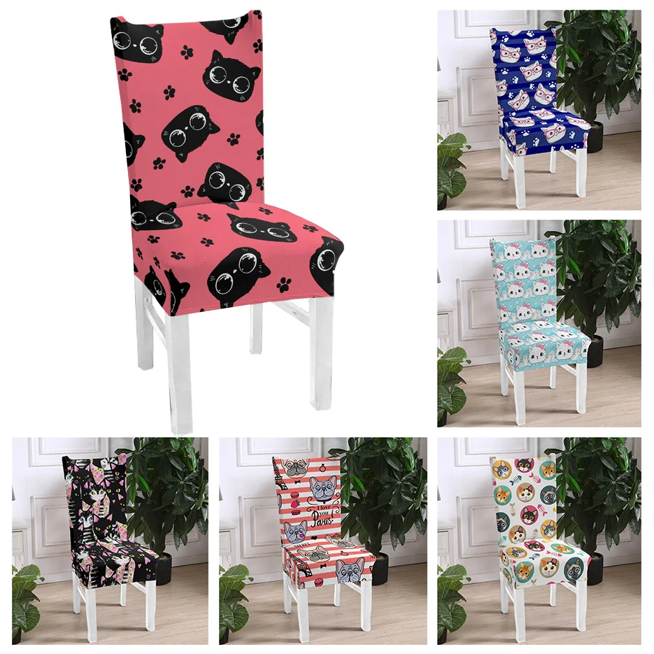 Cat Printed Chair Cover Spandex For Dining Room Elastic Material Modern Slipcovers Furniture Covers Kitchen Wedding Banquet