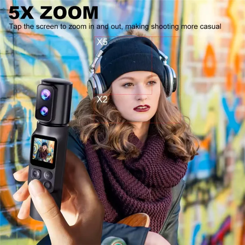 ABSY EIS 5X Zoom 6K Portable Handheld Action Camera 350° Rotatable Dual Lens Wifi Pocket Camera DV Screen Recorder