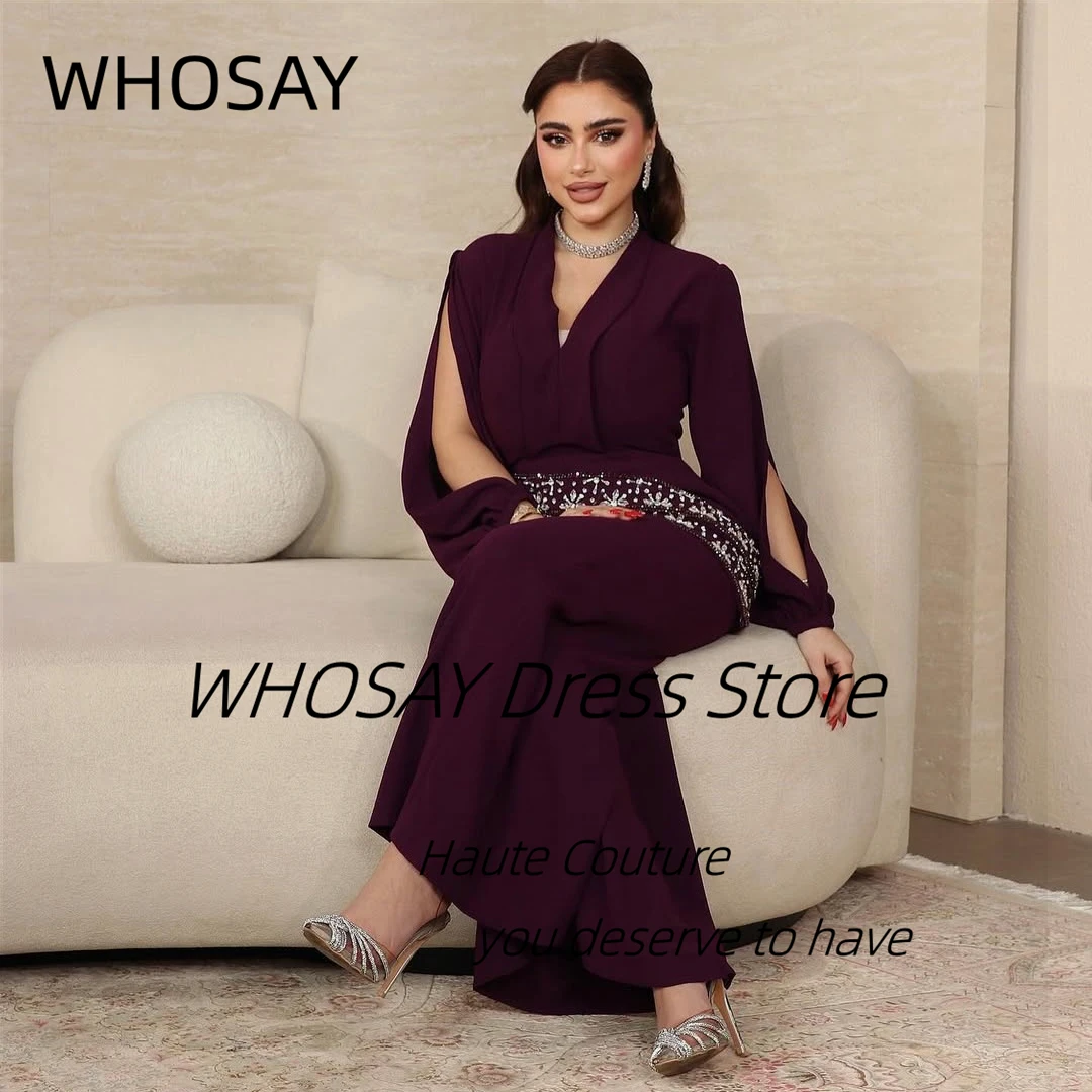 

WHOSAY Sexy Long Sleeves Prom Dresses V Neck Beaded Sash Bespoke Occasion Dress Jumpsuits Women Wear Evening Party Customized