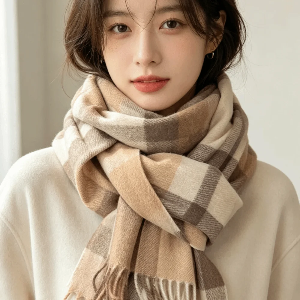 Gift Double-Sided Imitation Cashmere Scarf Thickened Soft Plaid Scarf Hand Washable Warm Unisex Scarf Shawl Women