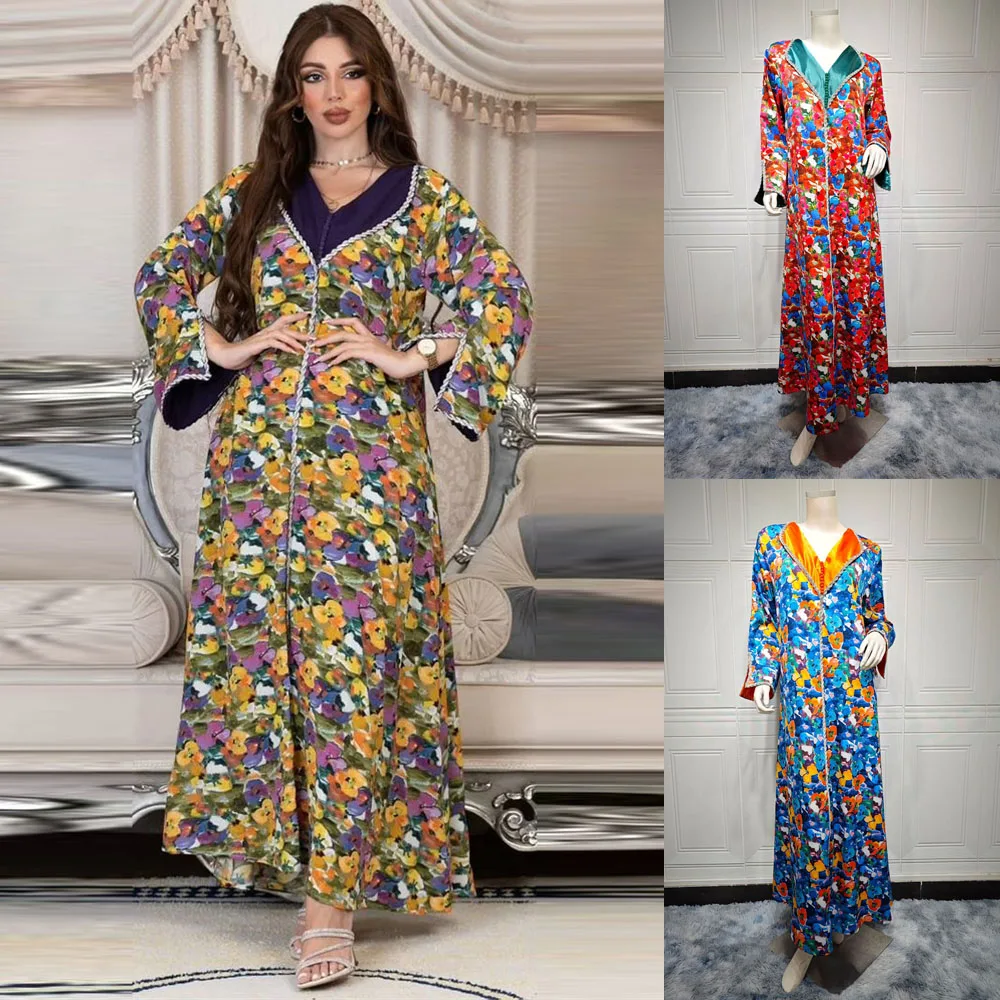 

Morocco Kaftan Floral Print Abaya Women Muslim Satin Party Dress Diamonds Lapel Jalabiya Eid Ramadan African Dresses Caftan Robe