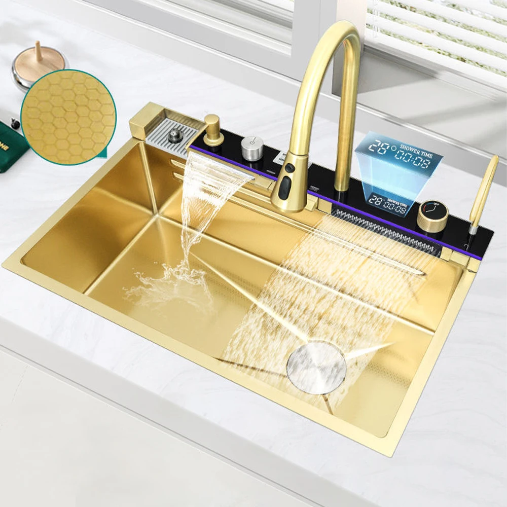 Brushed Gold Kitchen Sinks Rainfall Waterfall Hot Cold Pull Out Kitchen Sink Mixer Faucet Tap Stainless Steel Rain Kitchen Sink