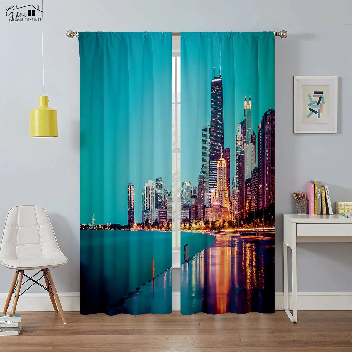 Modern Simple City Architecture 3D Printed Curtains Street View River View Living Room Floor-To-Ceiling Windows Custom Curtains