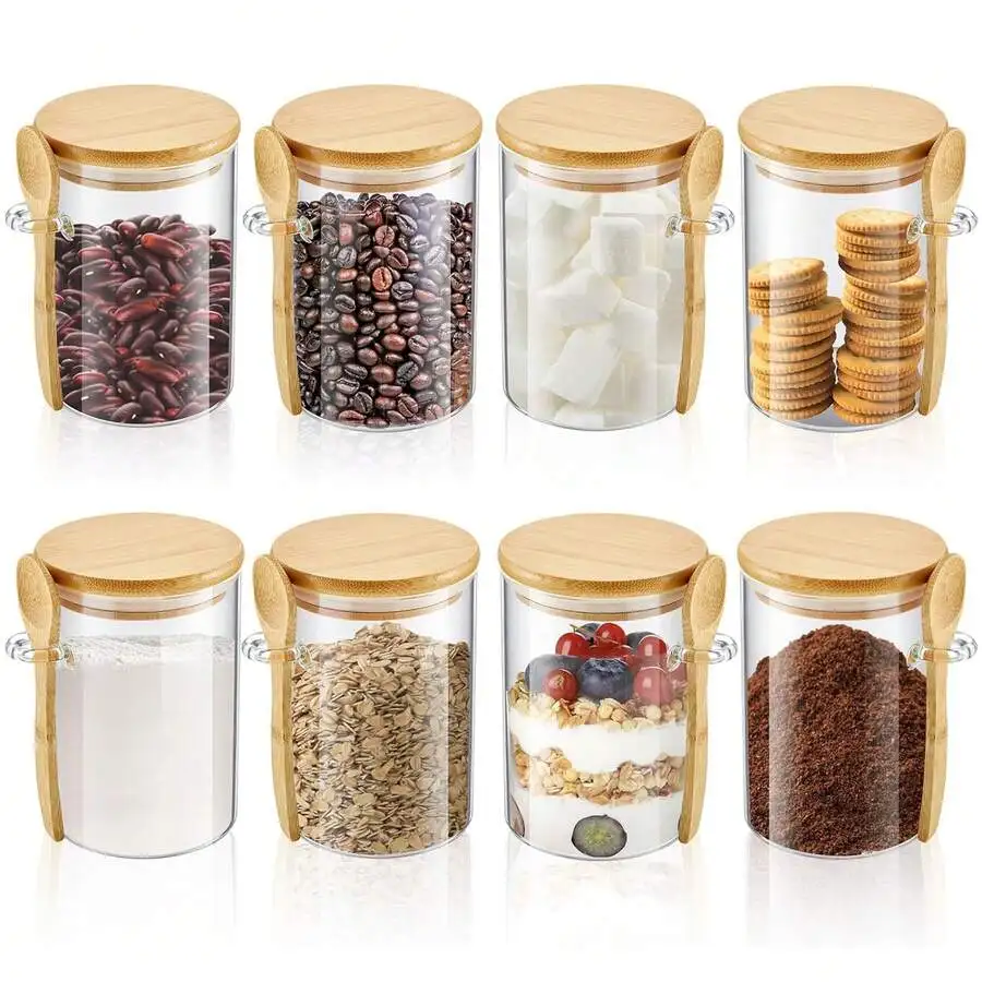 48 Pcs Glass Jars With 16 Cups, 16 Bamboo Lids And 16 Bamboo Spoons, 18 Ounces Large Capacity Sealed Storage Jar For Loose Tea,