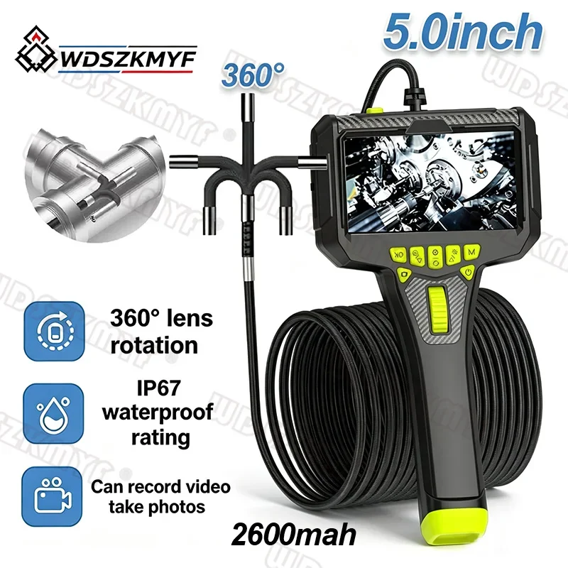 360° Steering Industrial Endoscope Camera 6mm HD Lens Car Pipes Inspection With 5' Screen Articulation Lens Waterproof IP67