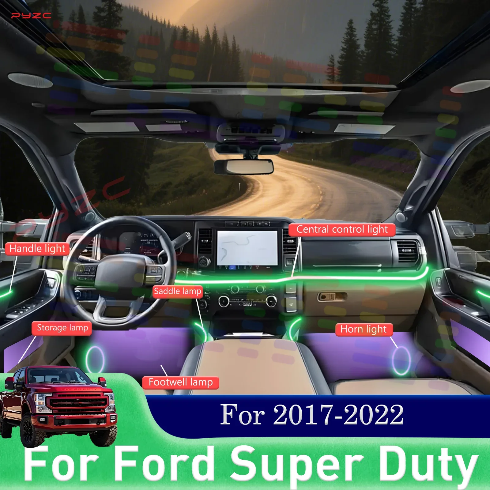 

Для Ford Super Duty комплект внутренних окружающих ламп автомобиля RGB 64-цветный светодиодный легкосъемный монтажный светильник для 2017-2022 гг.
