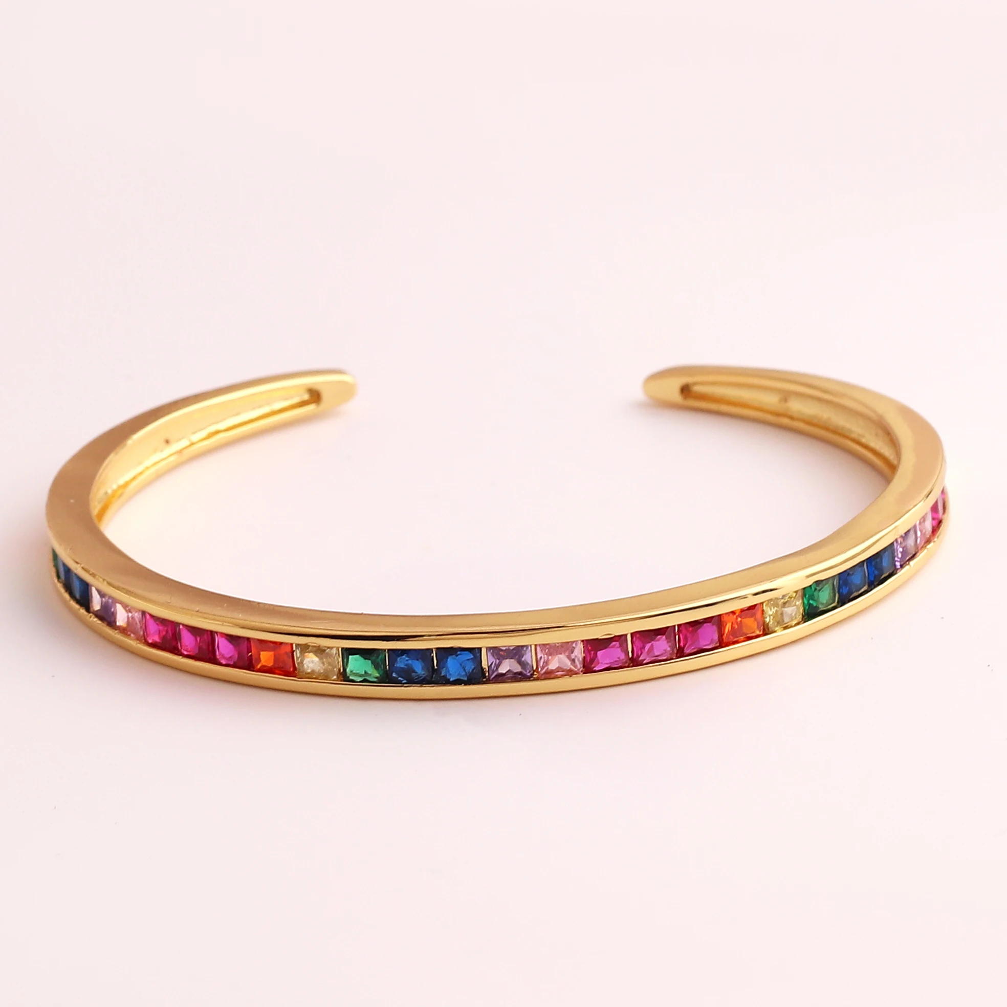 1PC Party Gift Rainbow Cubic Zirconia European Women Lady Jewelry Micro Paved Bling Square Cz High Quality Cuff Bangle Bracelet