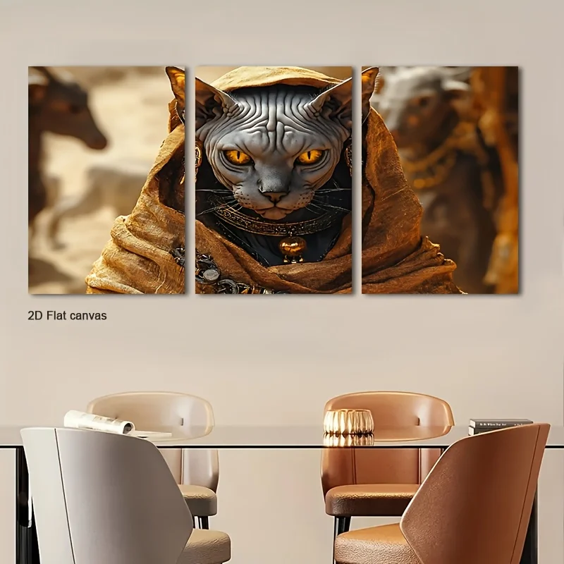 Frameless Canvas 3pcs Framed Bald Cat Wall Art - Minimalist -Style Regal Desert Attire Canvas Paintings, Suitable For Room,