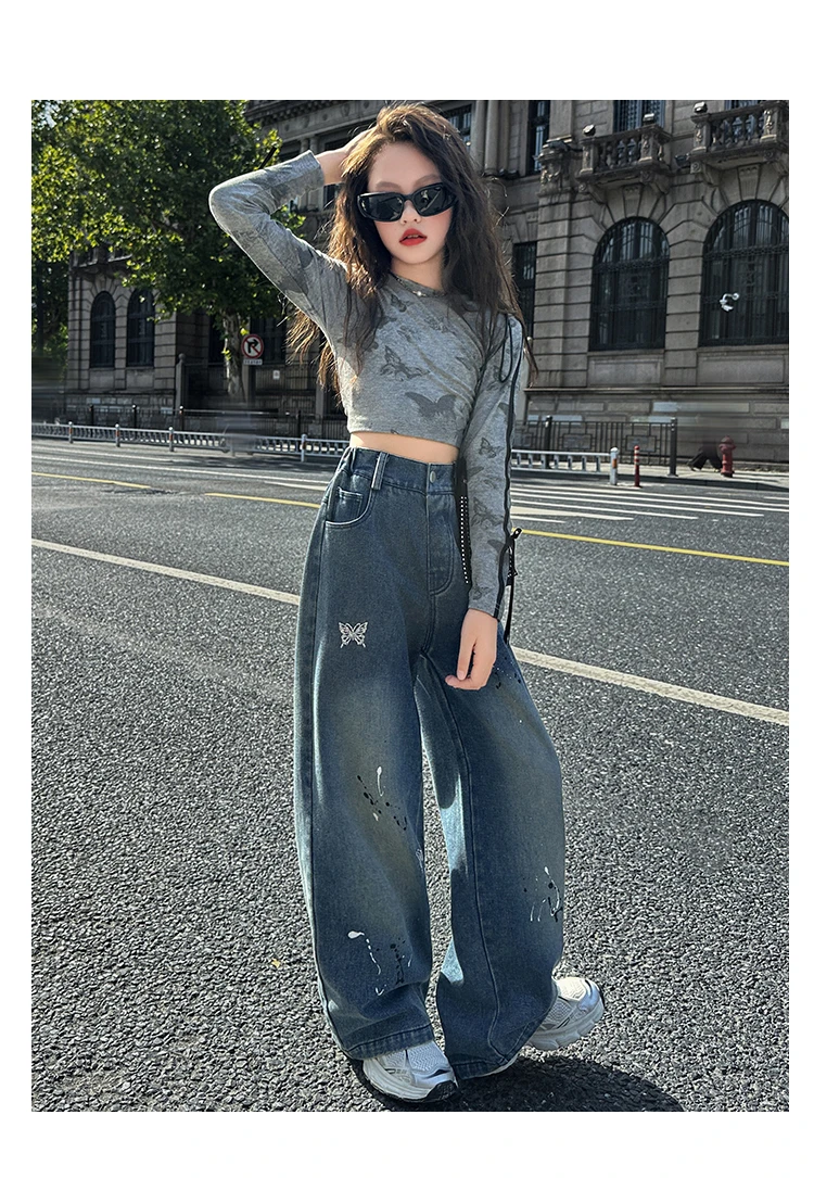 Neue Kinder-Modejeans mit Schmetterlingen für Mädchen, Stylische Gerade Denim-Hosen, Kinder-Teenager-Jeans im Loose-Stil – Detail 5