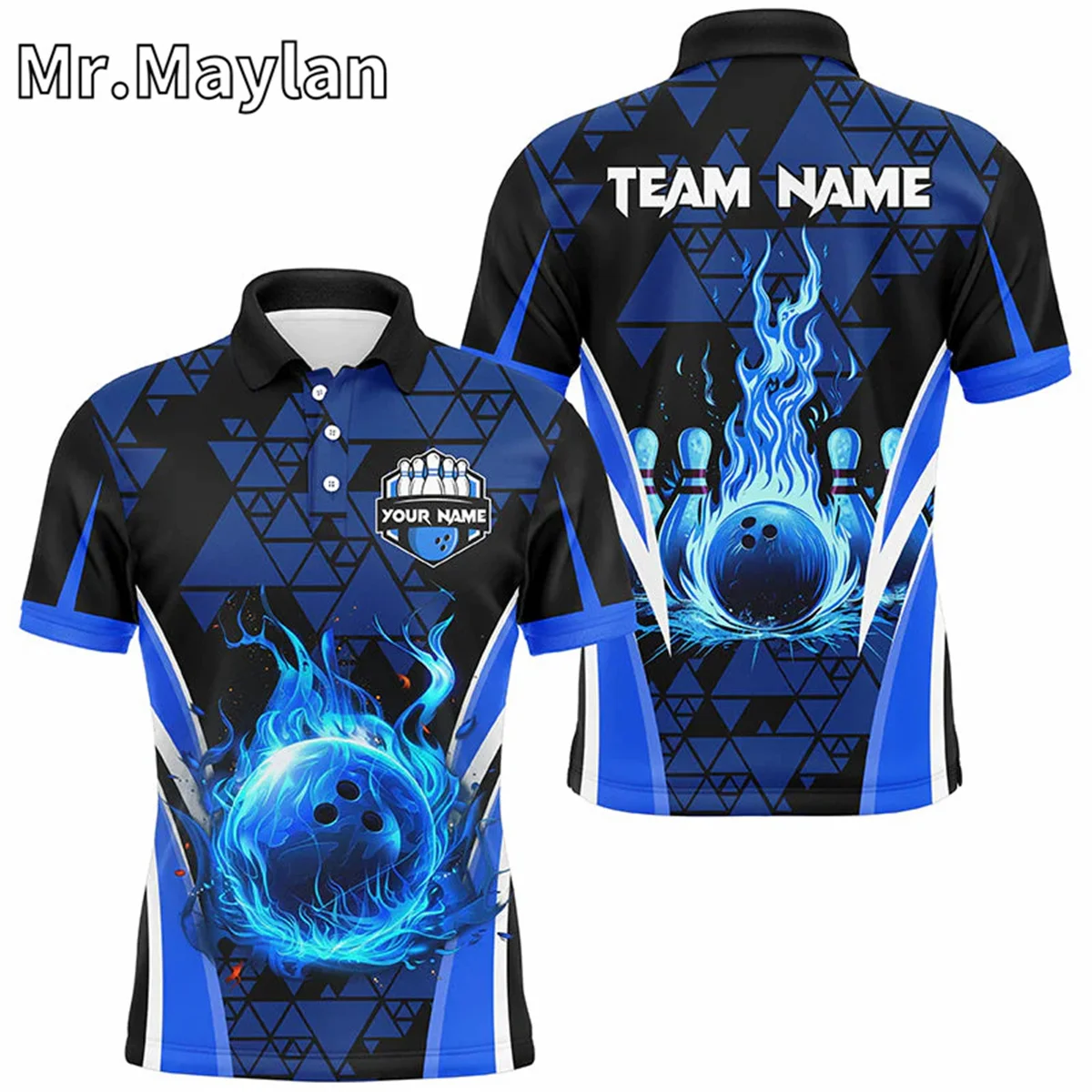 3D Blue Triangle Flame Bowling Ball Pins Custom Men Bowling Polo Shirt For Men Team Bowling Jerseys Gift For Bowlers Unisex Tops