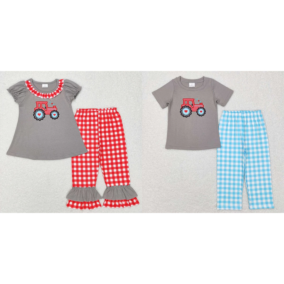 

Wholesale Children Valentine's Day Outfit Embroidery Hearts Tractor Cotton Tunic Tops Kids Girl Ruffle Plaid Pants Children Set