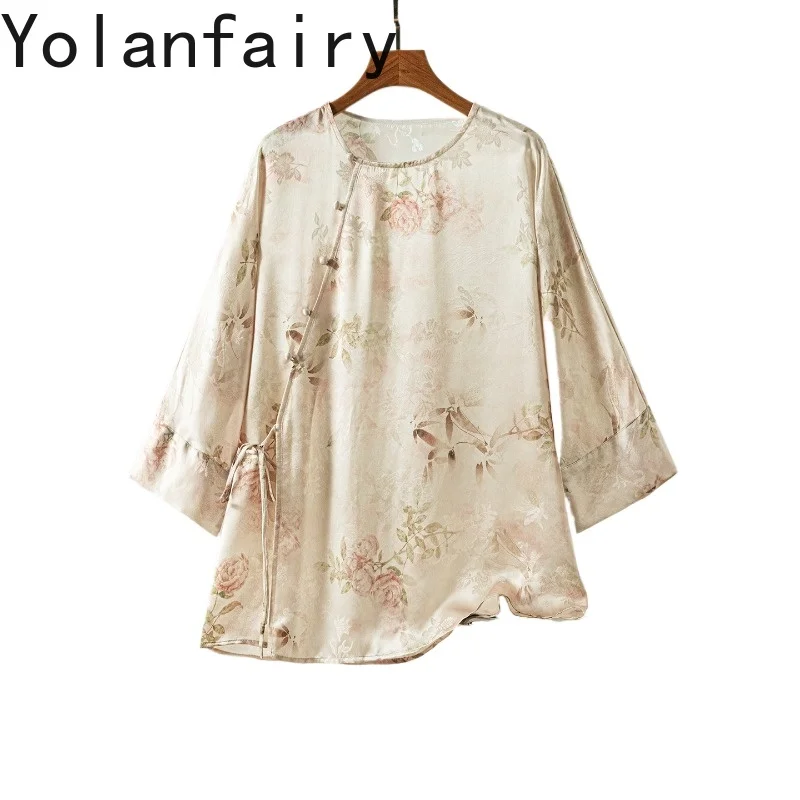 

YOLANFAIRY 100% Real Mulberry Silk Blouse for Woman Elegant Summer Loose Jacquard Satin Shirt Women's Clothes Lace-up Shirts