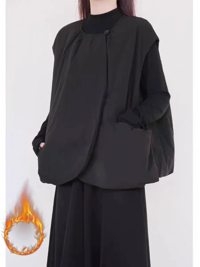 

Ladies' Winter Thickened Warm Loose Style Pure Color Vest Lazy Fashion Outerwear Cotton Clothes round Neck No Sleeve