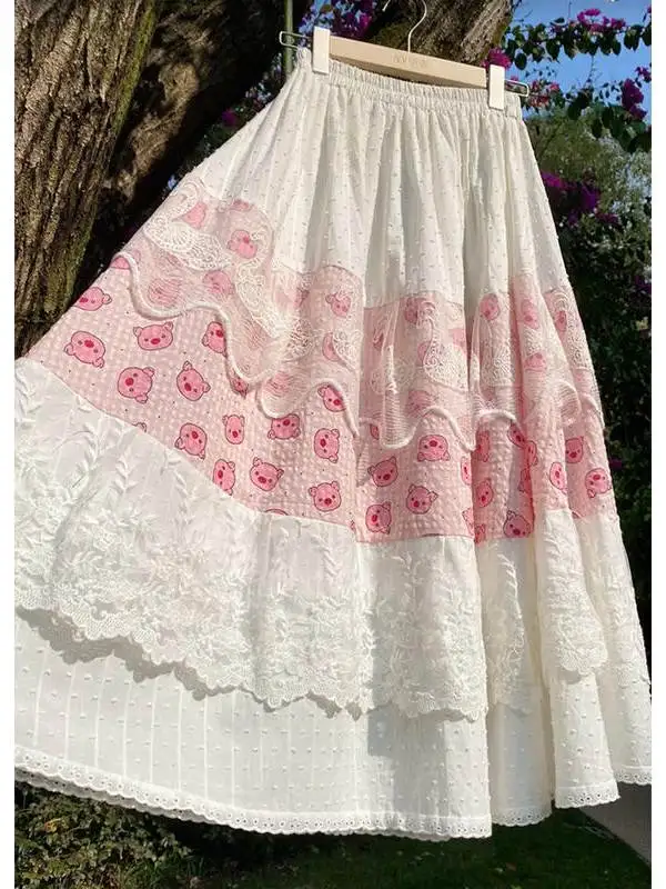 

Spring Summer New Design College Sle Lace Splicing A-Line Midi Skirt Women's Retro Countryside Wind f-length Skirt