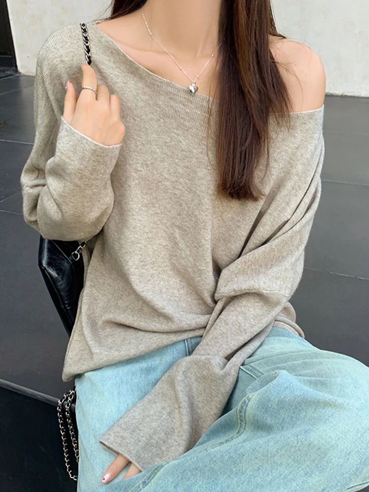 Off Shoulder Long Sleeve Wool Sweater Women Autumn Winter Knitted Top Female 2024 New Loose Casual Sweater Pullover Korean Style