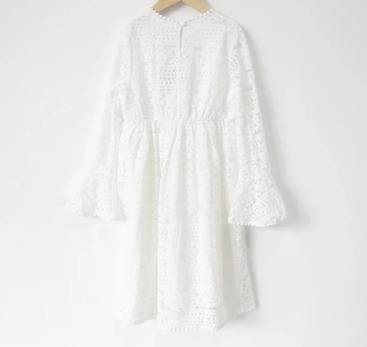 2024 Spring  Autumn  Children Girls  Dresses Baby Girls White Lace Flared Sleeve Dress  Princess Dress