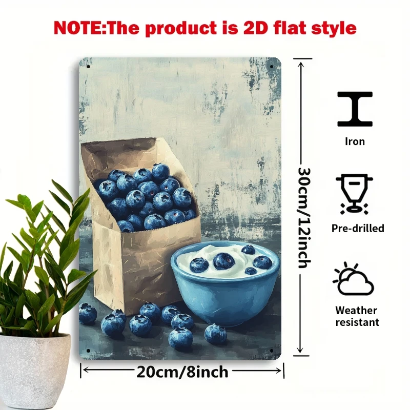 2D Flat - 1pc Vintage Blueberry Dessert Metal Tin Sign, Iron Kitchen Wall Art Decor, 8x12 Inch, Food Theme Decoration