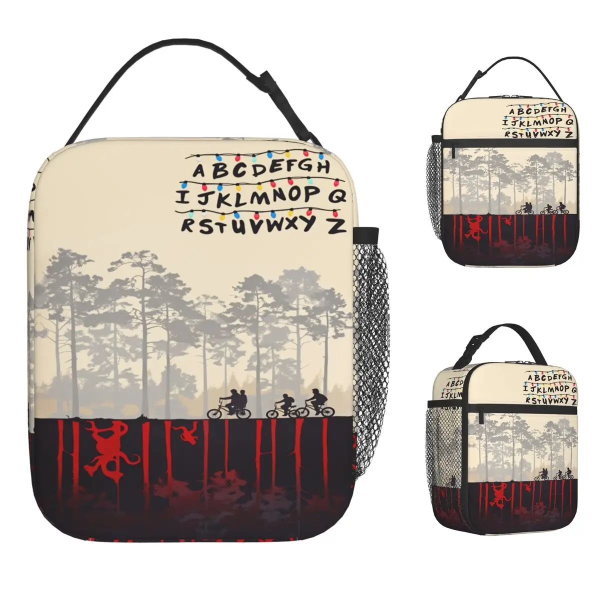 Horror TV Series S-Stranger Lunch Bag Kawaii Lunch Box Office Portable Insulated Tote Food Bags Women Oxford Print Cooler Bag