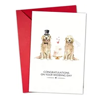 Watercolor gold-haired dog couple dressed as bride and groom - creative and romantic wedding congratulatory card