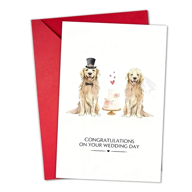 Watercolor gold-haired dog couple dressed as bride and groom - creative and romantic wedding congratulatory card
